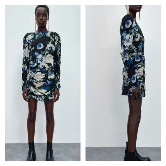 ZARA Floral Gathered Mini Dress M - Picture 1 of 8
